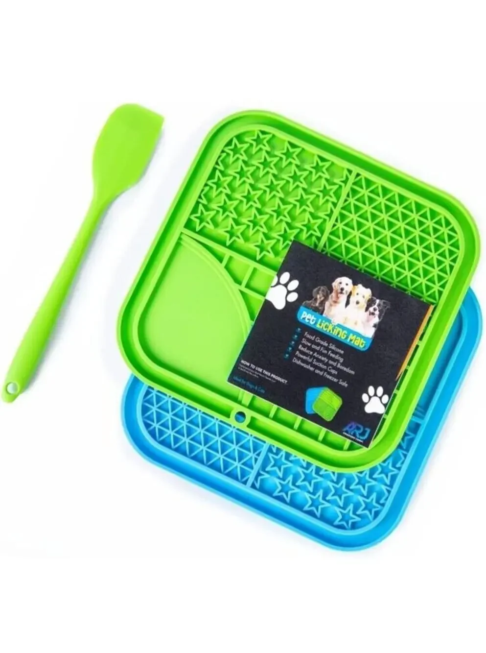 Dog Lick Mats 2 Pack Silicone Slow Feeder Enrichment Pads w/ Spatula Blue Green